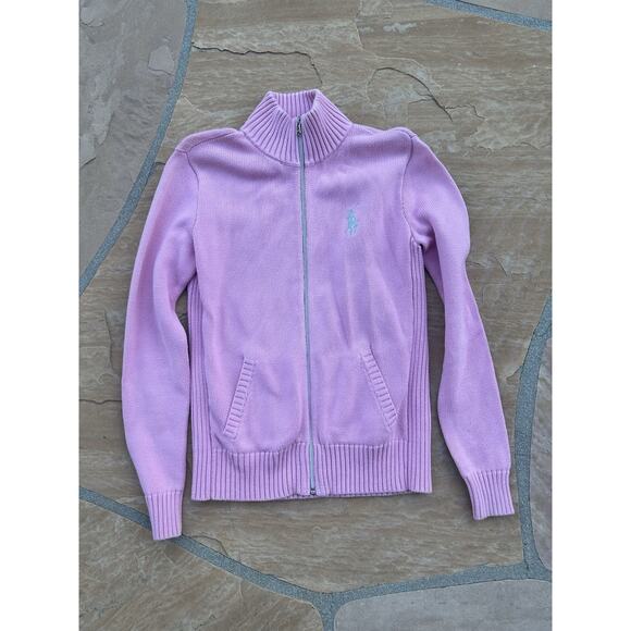 Ralph Lauren Full Zip Knit Sweater Mock Neck Pink Womens M LS - Picture 1 of 4